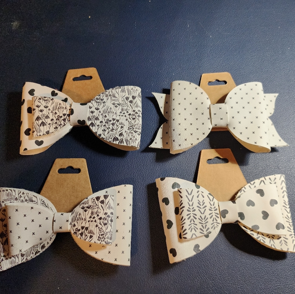 4 Faux Leather Hair Bows/ Hair Clips- BLACK AND WHITE PATTERN- 2 Size Clip NEW